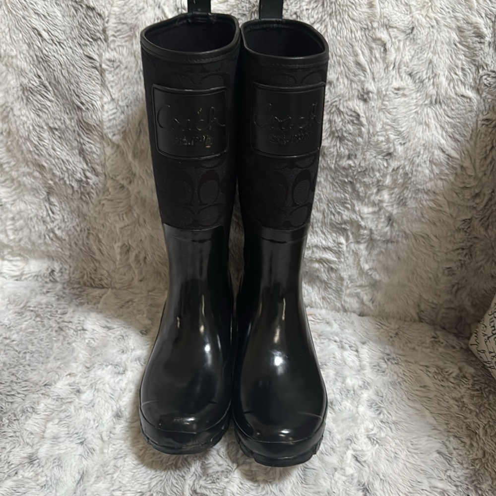 Coach Pearl Rain Boots Womens 7B Black Signature Logo Rubber Calf High A7314 - Picture 10 of 12